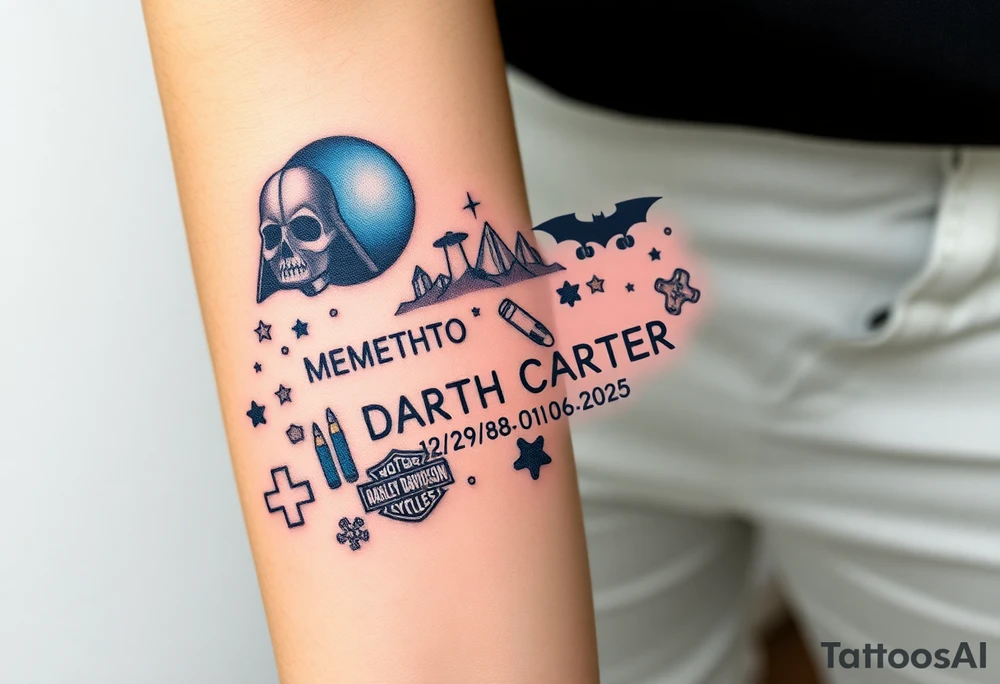 futuristic, spacey, memory tattoo: star wars, space, Harley Davidson, batman, skateboarding, camping, puzzle pieces, video games, heaven, god, outdoors, bullets, words MEMENTO MORI & DARTH CARTER 12/29/88-01/06/2025 tattoo idea