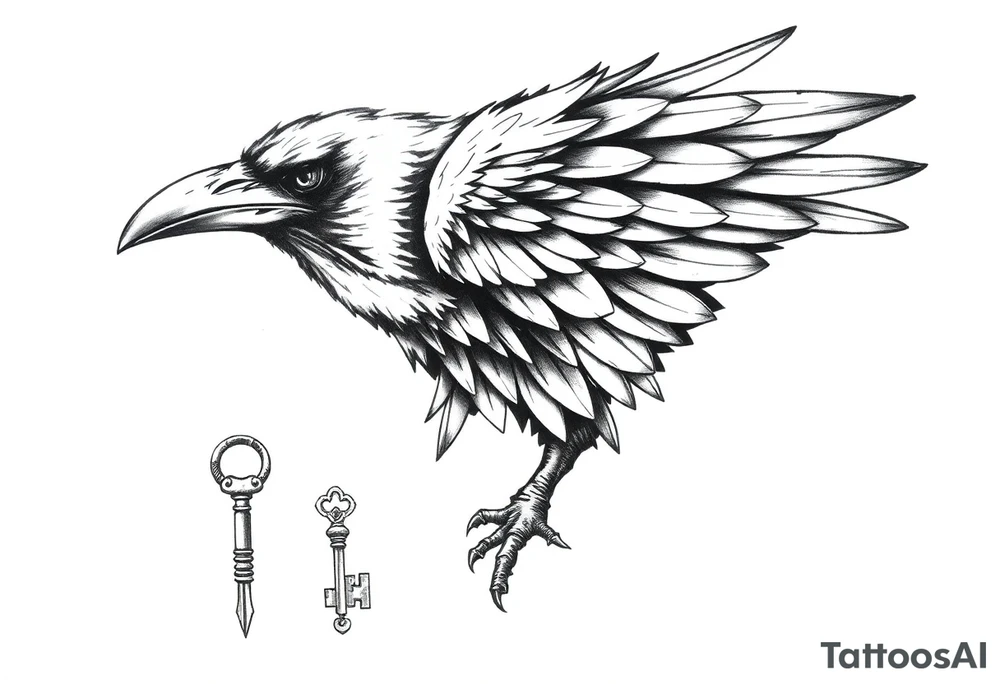 a raven with a key in his beak. tattoo idea