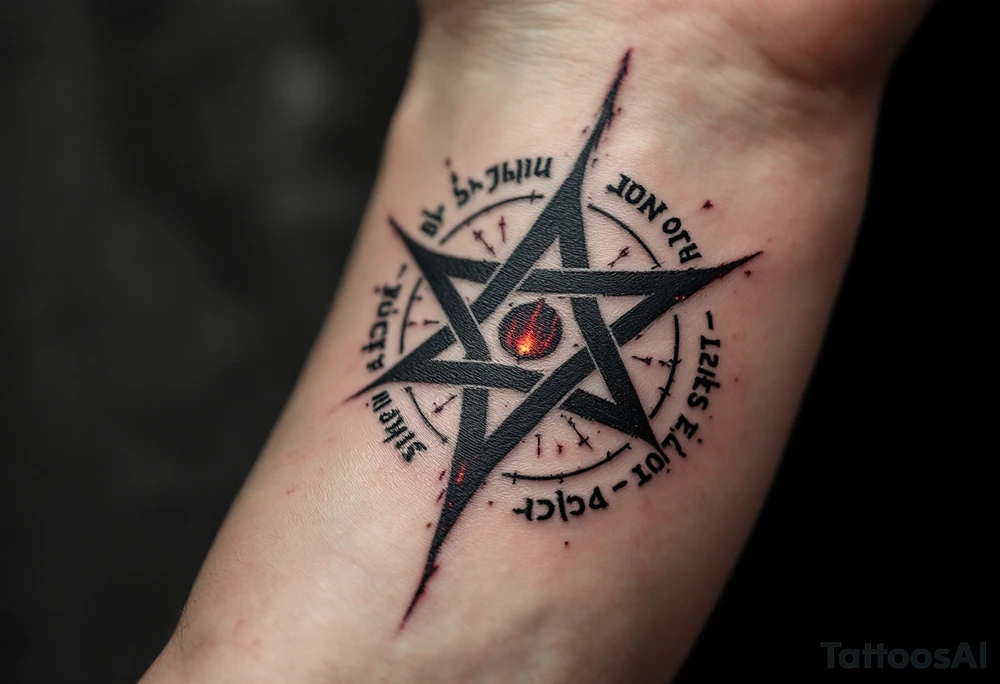 A blackened inverted pentagram - five-pointed star with deep crimson flames, surrounded by ancient runes glowing in dark red. tattoo idea