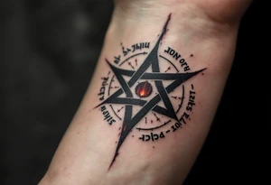 A blackened inverted pentagram - five-pointed star with deep crimson flames, surrounded by ancient runes glowing in dark red. tattoo idea