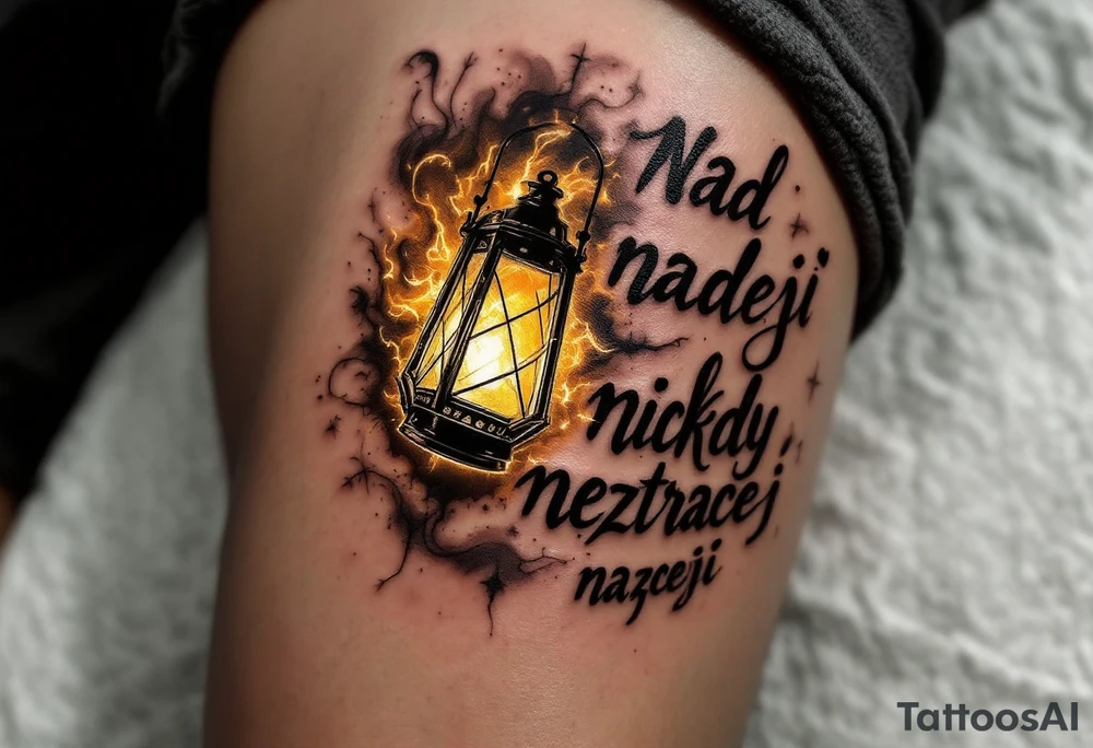 "Nad nadeji nikdy neztracej nadeji." — A glowing lantern in darkness, inked in warm yellows and golds, lighting up the quote around it in clean black serif. tattoo idea