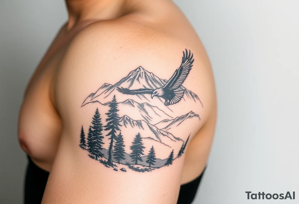 Mountain View with large trees and an eagle flying tattoo idea