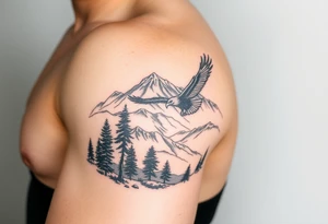 Mountain View with large trees and an eagle flying tattoo idea