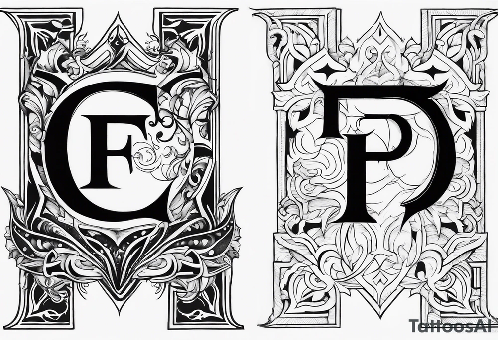 A backwards capital F next to a capital P with design elements around it. The left side should have elements of fire. The right side should have something that is fireproof or the opposite of fire. tattoo idea