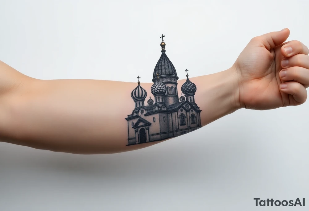 highly detailed Russian Orthodox cathedral sitting on fore arm with onion domes and orthodox crosses, done in fine line, engraving-like style. Cohesive composition, black ink only, no color, high contrast, slightly aged, documentary-style, plain light background. with clouds above it and a virgin mary over looking tattoo idea