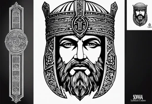 Crate a forearm tattoo. Theme is the byzantine empire. Include byzantine iconography, haha Sophia, Constantinople, famous emperors like justinian, Constantine. tattoo idea