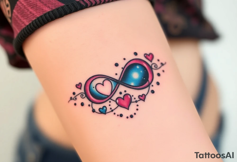 One fully depicted infinity symbol and swirling galaxy patterns and hearts tattoo idea