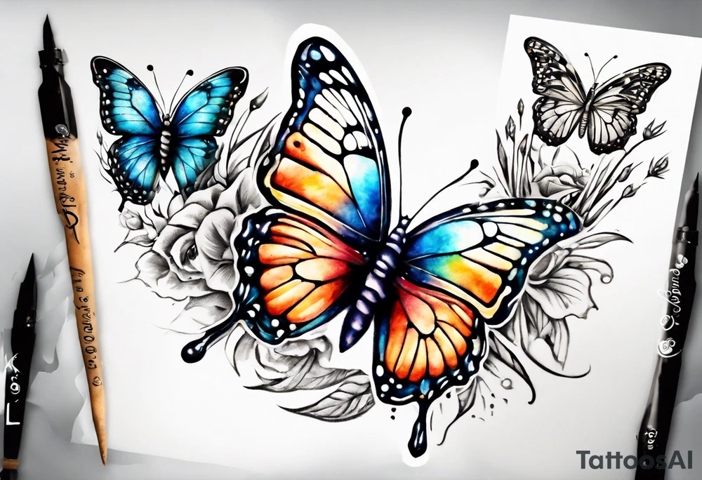 5 butterfly’s dad butterfly, with initial E. O mom butterfly with initial L. O daughter butterfly initial M 2nd daughter with initial M son butterfly initial R.o background the sky beautiful sky colors and grassy area. tattoo idea