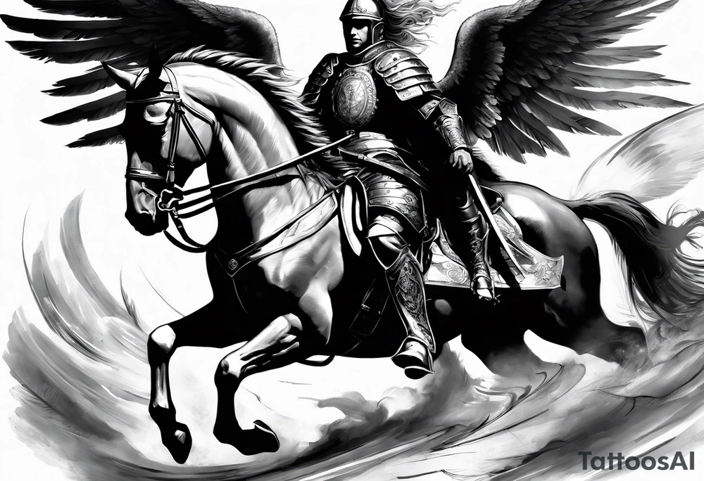 **Main Theme**: A Hussar on horseback in full armor, dynamically portrayed in the middle of a charge. The Hussar's wings are clearly visible, adding dynamics to the composition.
   - Archangel Michael positioned in the background, with a raised sword ready for battle, armed with a shield.
   - The Hussar is holding a banner showcasing the White Eagle.
   - Elements of the Arch tattoo idea