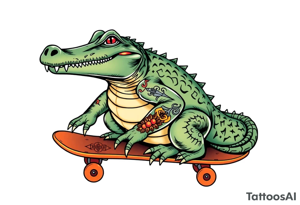 crocodile riding a skateboard with piercings and tattoos tattoo idea