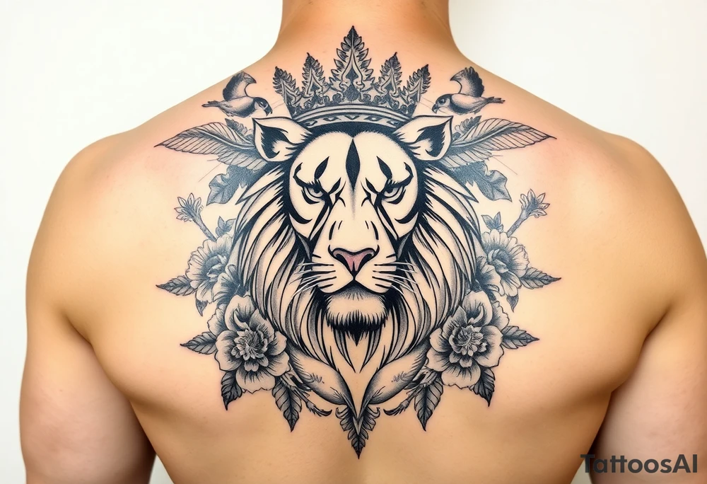 powerful majestic lion with a crown, surrounded by floral ornaments and birds tattoo idea