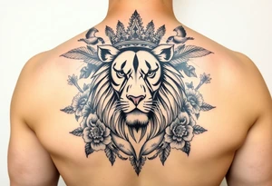 powerful majestic lion with a crown, surrounded by floral ornaments and birds tattoo idea