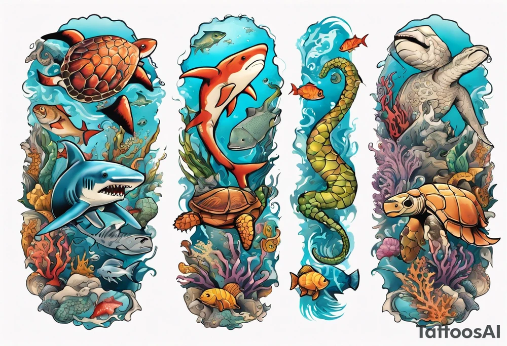 An arm sleeve of an aquatic scene of sea animals, including a hammerhead shark, a turtle, an octopus, a seahorse, and colorful fish tattoo idea
