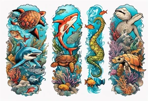 An arm sleeve of an aquatic scene of sea animals, including a hammerhead shark, a turtle, an octopus, a seahorse, and colorful fish tattoo idea