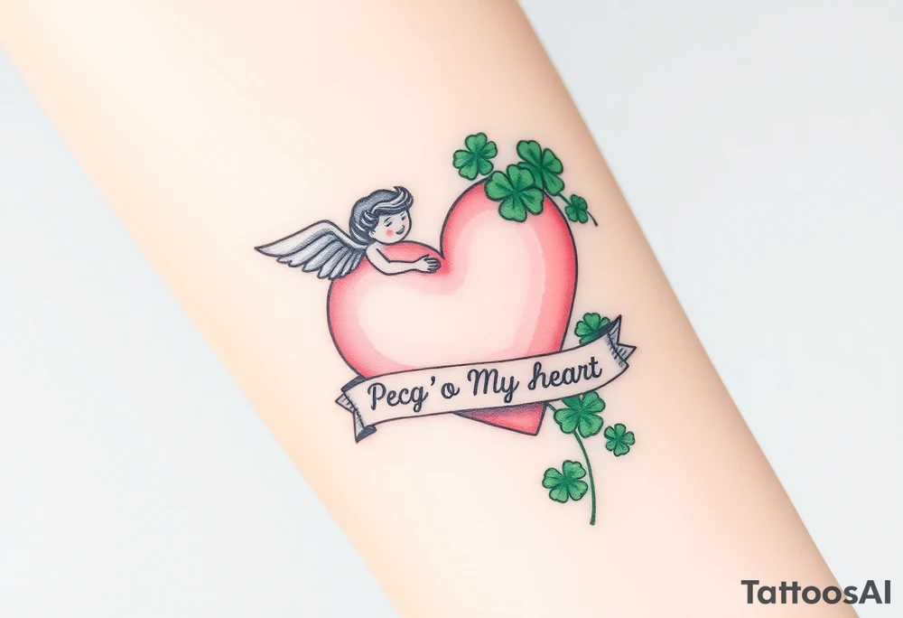 a big pale pink heart and an angel and a bunch of green shamrocks, with a banner across the heart that says Peg 'o My Heart tattoo idea