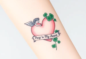 a big pale pink heart and an angel and a bunch of green shamrocks, with a banner across the heart that says Peg 'o My Heart tattoo idea