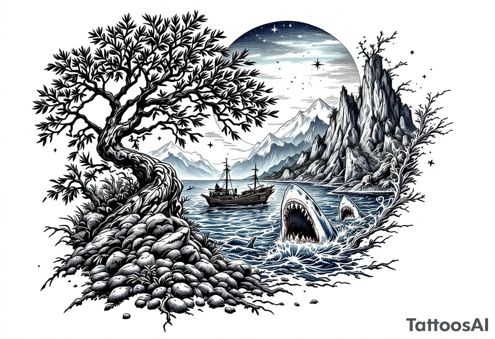 tattoo that has an acacia tree with mountains, ocean with a ship wreck with sharks and the northern star tattoo idea