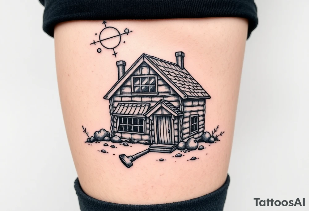 Nordic house with cosmic sky and celestial details. With a pickaxe out the front of the house tattoo idea