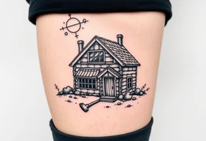 Nordic house with cosmic sky and celestial details. With a pickaxe out the front of the house tattoo idea