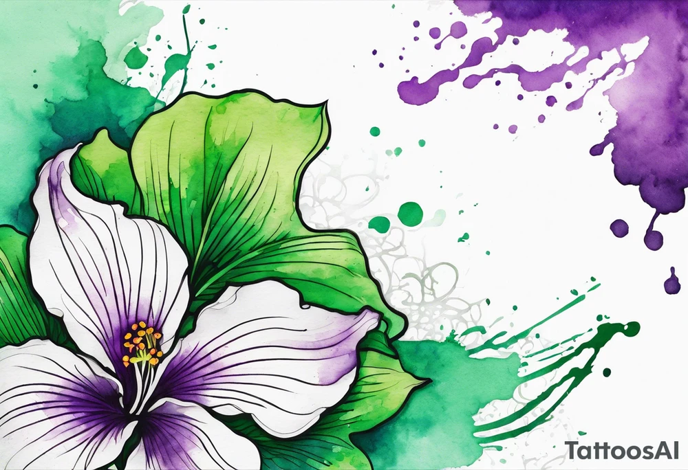 An outline of a green rio dipladenia flower and a green and purple watercolor splash in the background tattoo idea