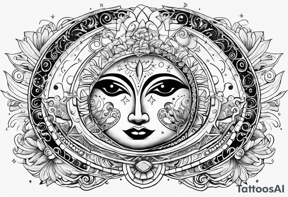 Mexican alien Sun and moon. Freeform rectangular sternum swirls with dots and stars tattoo idea