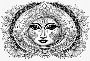 Mexican alien Sun and moon. Freeform rectangular sternum swirls with dots and stars tattoo idea