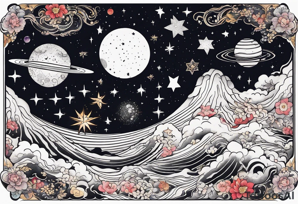 Celestial Galaxy scene with beautiful details of gas stars and space tattoo idea