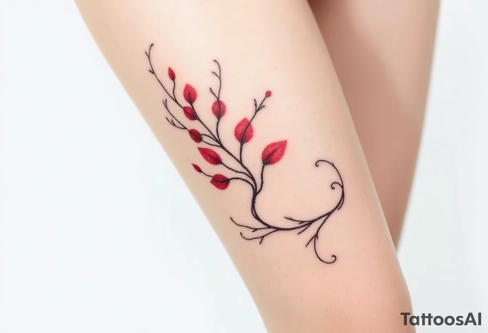 Elegant tattoo design featuring red sea plume seaweed, graceful flowing tendrils, watercolor style with red accents, wrapping around calf, organic movement, marine botanical art” tattoo idea