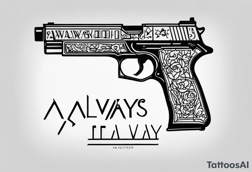 The letters AR with a pistol on each side and the word always on the top and ready on the bottom tattoo idea