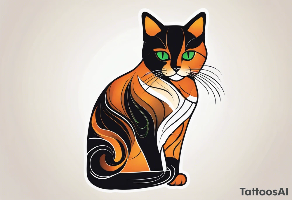 A detailed tattoo design of a tortoiseshell cat, emphasizing its distinct black, orange, and brown fur patterns in a stylized, illustrative manner. The cat's face is turned slightly upwards, with piercing green eyes that are accentuated for a bold, captivating look. Fine details such as the delicate whiskers, sharp ears, and subtle fur texture are highlighted. The background is minimal, perhaps incorporating abstract geometric shapes or soft shading to keep the focus on the cat's striking features. The overall design should be bold yet elegant, with clean lines and intricate shading that brings the cat to life in a timeless, artistic tattoo style tattoo idea