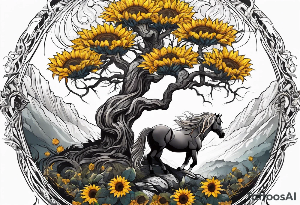 Yggdrasil tree, horse, sunflower tattoo idea