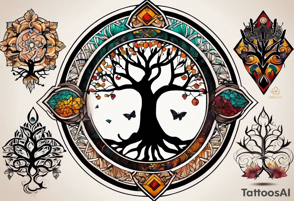 Tattoo dans le dos, yggdrasil et quelques éléments en plus, 5 ou 6 feuilles de cerisier en couleur, le logo de tommorowland vers les racines, une forme géométrique à l'arrière plan du tatouage tattoo idea