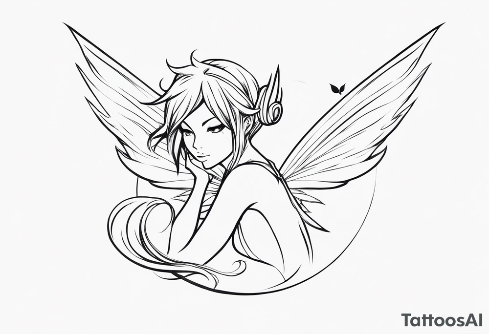 No color sketch of a fairy with a tail inspired by the guild symbol in the anime show called Fairy Tail in a fetal position leaning forward while crawled in and her body is an angle while floating in the air with big wings tattoo idea