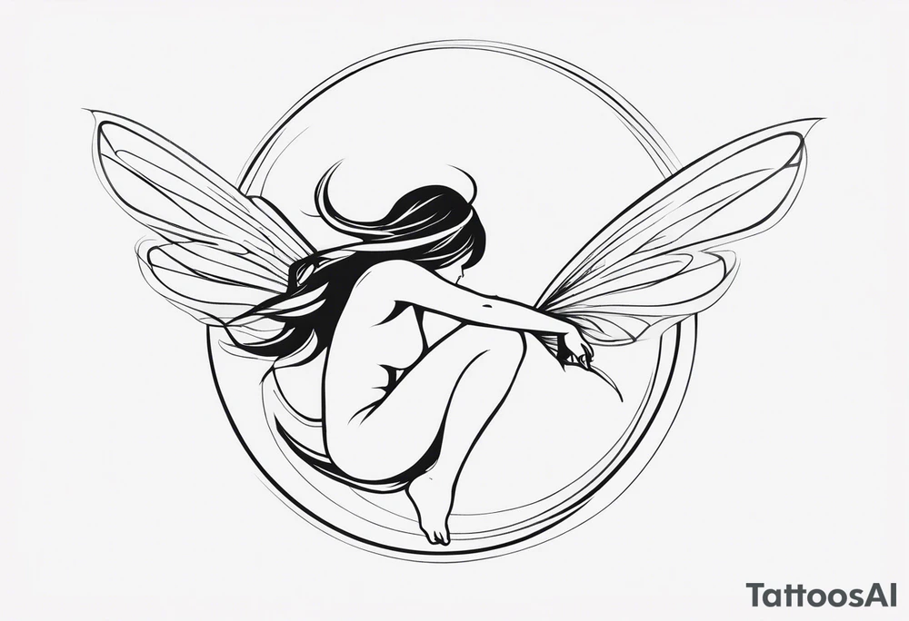 Minimalistic, monochromatic fairy with a tail flying to the left in a fetal position, leaning and looking in the same direction, with visible hands, embodying the 'Fairy Tail' logo aesthetic. tattoo idea