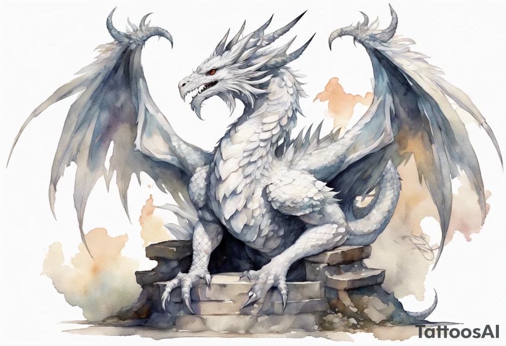 a white feathered bird-like dragon wearing a plain iron diadem, standing on a stone throne tattoo idea