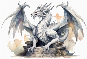 a white feathered bird-like dragon wearing a plain iron diadem, standing on a stone throne tattoo idea