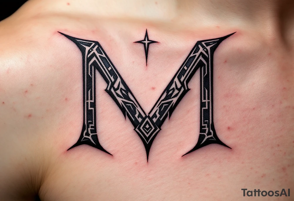 A tribal-inspired "M" in dark chestnut brown, featuring angular patterns. tattoo idea
