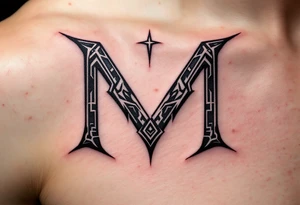 A tribal-inspired "M" in dark chestnut brown, featuring angular patterns. tattoo idea
