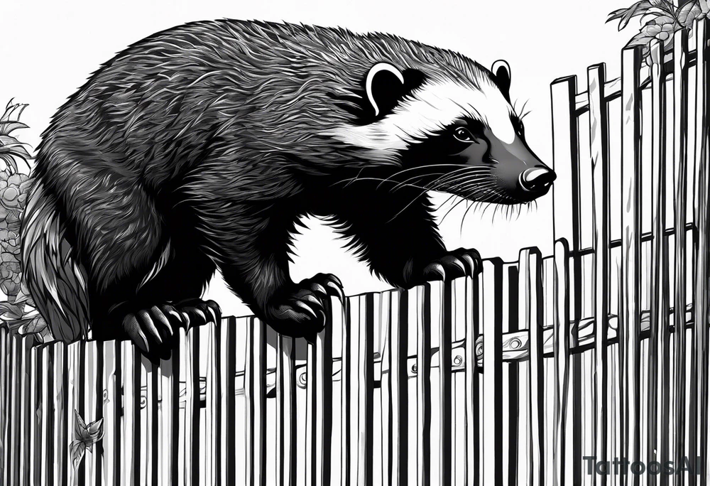 honey badger climbing-over, claws near face, behind, on its back legs, looking over fence, closed mouth tattoo idea