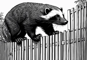 honey badger climbing-over, claws near face, behind, on its back legs, looking over fence, closed mouth tattoo idea