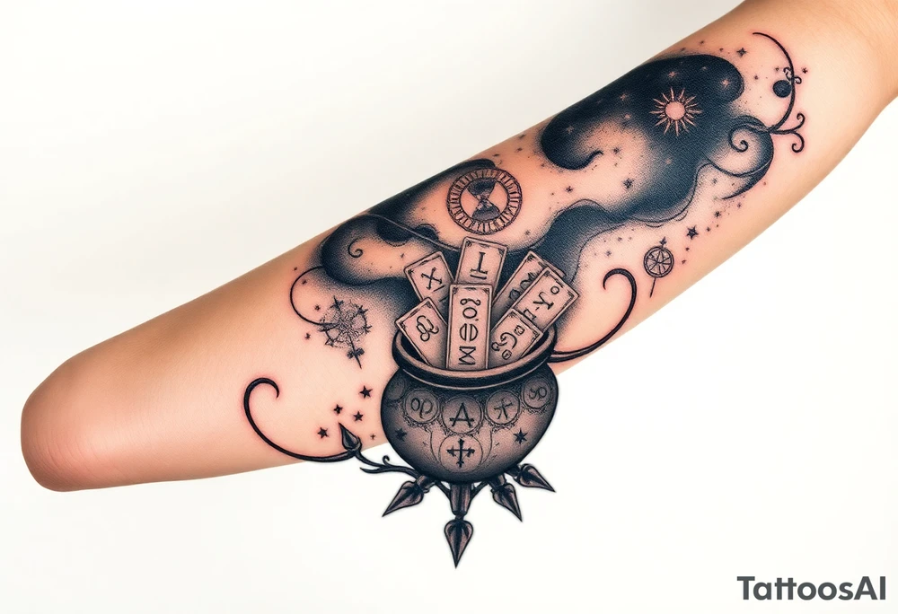 Milky way galaxy filled with zodiac symbols runes tarot cards coming out of a cauldron tattoo idea