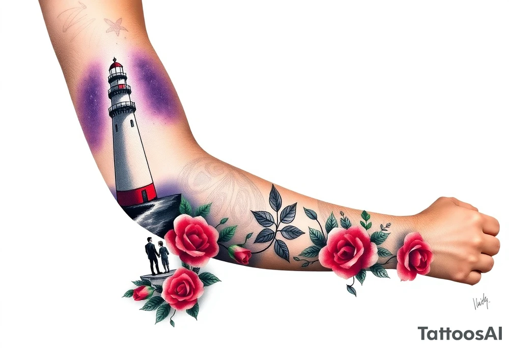 A full sleeve tattoo in illustrative realism style, showing a detailed lighthouse on the forearm glowing at night, with a dark purple starry sky. A man and a boy are standing at the base of the red and white lighthouse, holding hands and looking up at it. From the elbow up to the shoulder, the arm is filled with large, vibrant red roses and green vines blending into the same purple sky. The entire scene is atmospheric, emotionally rich, with soft lighting, high detail, and smooth blending between elements.” tattoo idea