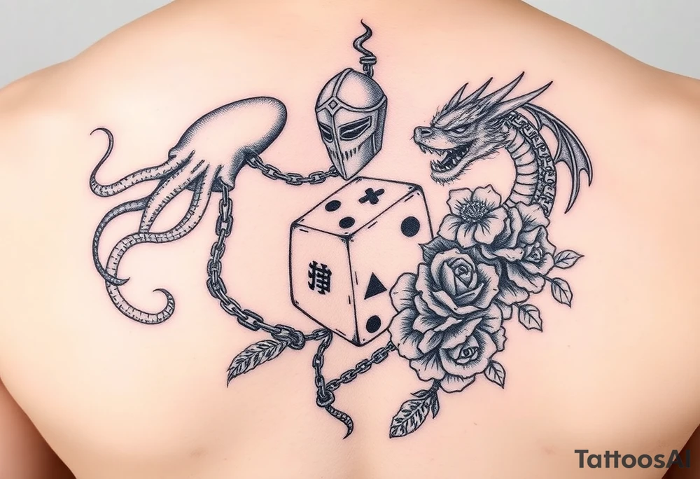 squid, knight and dragon combined with chains, tree roots, cherry blossoms and roses rolling dice tattoo idea