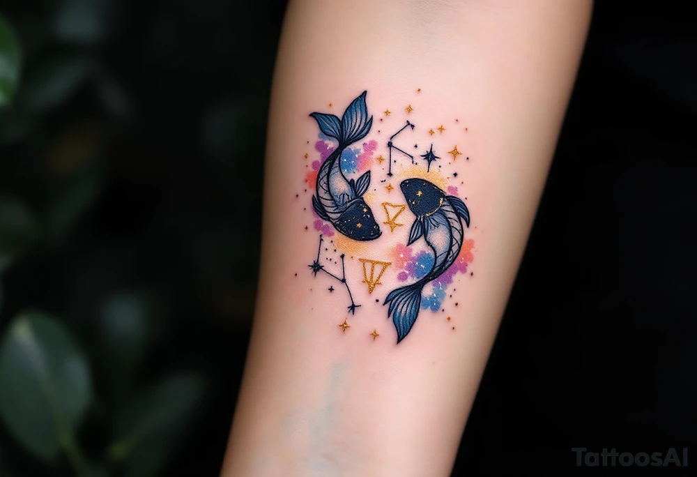 A Pisces glyph in gold sparkles above a constellation shaded in dreamy purples and celestial blue. tattoo idea