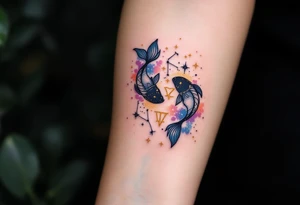 A Pisces glyph in gold sparkles above a constellation shaded in dreamy purples and celestial blue. tattoo idea