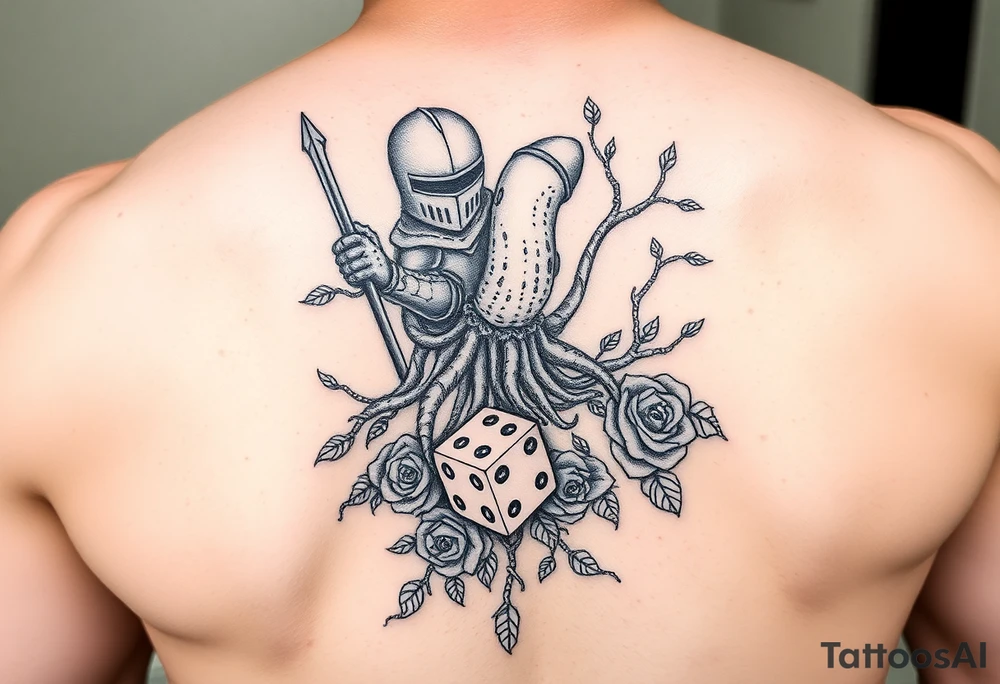knight and squid combined with tree roots and roses rolling dice tattoo idea