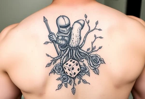 knight and squid combined with tree roots and roses rolling dice tattoo idea
