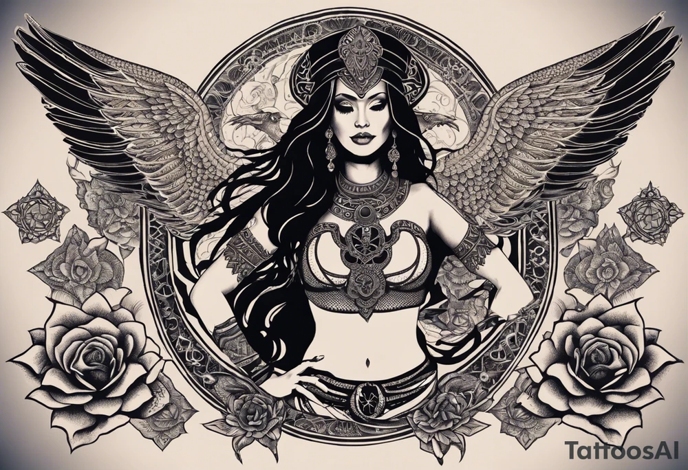 black kali, goddess pirate, alien, angel, pachamama, valkrye, warrior, flying, skull, lotus azul, wing, eagle, zenza resonance, stars, 5D, anahata chakra, death, durga, riding on a tiger, flying lady, kundalini, chest tatoo tattoo idea