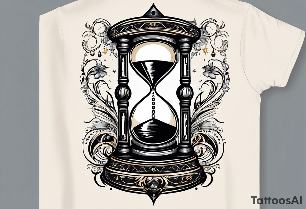 I want a tattoo-inspired design for a t-shirt that features a bold and detailed hourglass with a hand clock in the center, using Amazigh numerals for the clock numbers. The hourglass should have a strong, shaded look, with sharp lines resembling tattoo art. Planets and stars should orbit around the hourglass, giving it a cosmic and timeless feel. The design should be intricate, focusing on the flow of time and the universe, with the planets adding depth and movement. The overall aesthetic should be bold and detailed, in a blackwork tattoo style, without any flowers."black and whit design tattoo idea