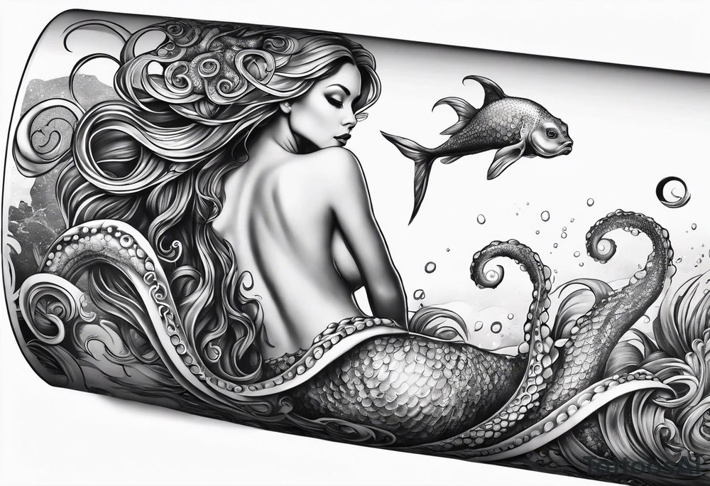 Octopus looking up at a mermaid in the ocean wrap around entire bottom of leg. tattoo idea